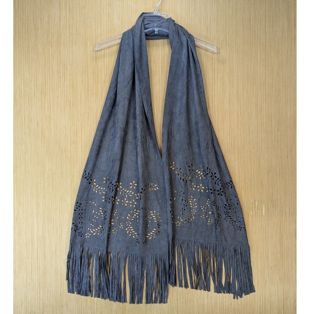 Amanda Blu Boho Western Grey Faux Suede Floral Laser Cut Fringe Scarf Wrap